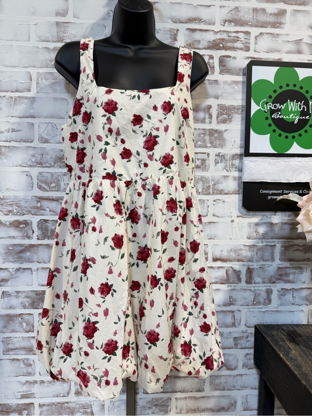 Full Tilt Cream Floral Smocked Dress with Red Roses NWT